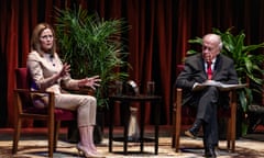 The US supreme court justice Amy Coney Barrett speaks with Professor Robert Stein at Northrop Auditorium in Minneapolis on Monday.