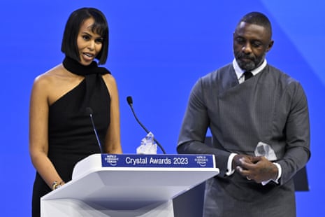 Sabrina Dhowre Elba, United Nations International Fund for Agricultural Development, and husband British actor Idris Elba at last night’s Crystal Award ceremony during the 53rd annual meeting of the World Economic Forum.
