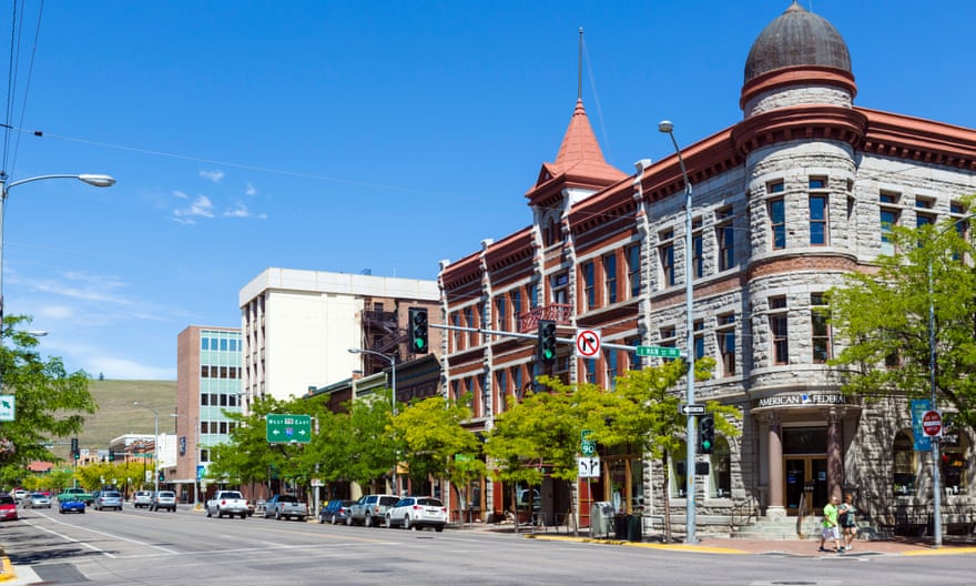 View down N Higgins Avenue at the intersection with Main Street in historic downtown Missoula, Montana, USA