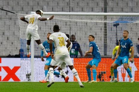 Chancel Mbemba leaps to head Marseilles into the lead.