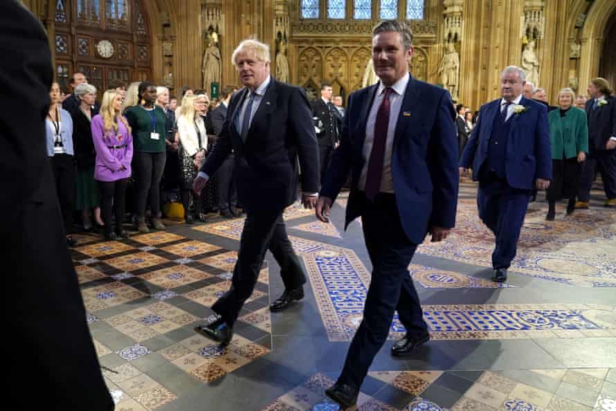 Boris Johnson and Keir Starmer leading MPs from the Commons to the Lords to listen to the Queen’s speech.