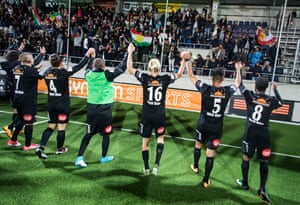 The Dalkurd team celebrating after their 1-0 win away to Gefle in September 2017.