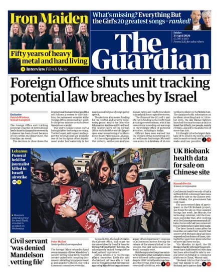 Guardian front page, Friday 24 April 2026