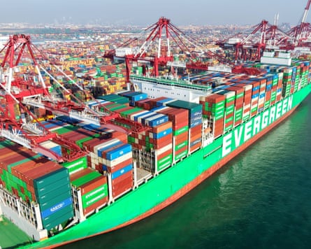 A container ship at the port of Qingdao, China.
