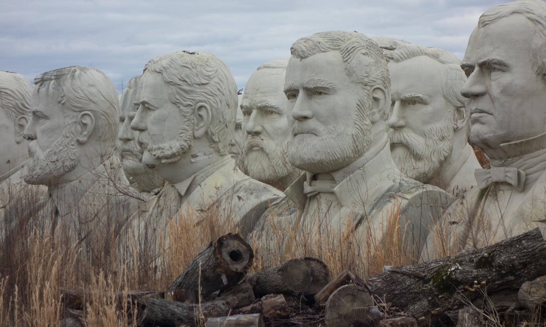 weatherbeaten statues of former US presidents mouldering in a field in Croaker, Virginia.