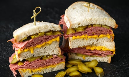 New York pastrami, gherkins and sourdough bread deli sandwich.