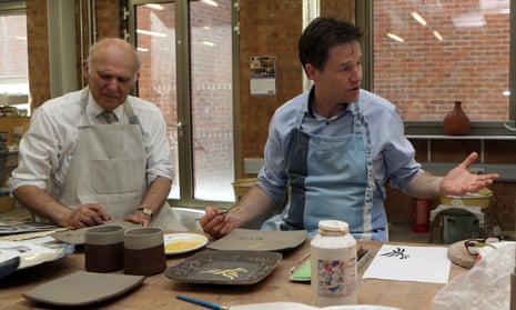 Liberal Dem leader Nick Clegg and Business Secretary Vince Cable join in a pottery class .