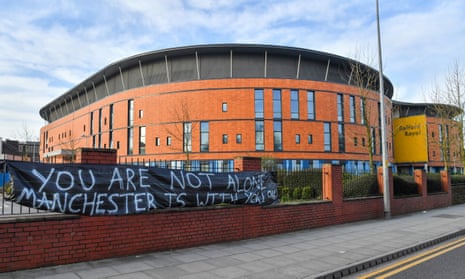 Salford Royal hospital, Manchester, with a message of support for NHS staff. It has reported five deaths from Covid-19. 