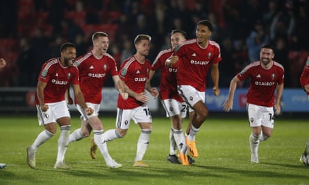 Ashley takes second chance to fire Salford to shootout victory over Leeds | Carabao Cup 2 Salford’s players celebrate their victory