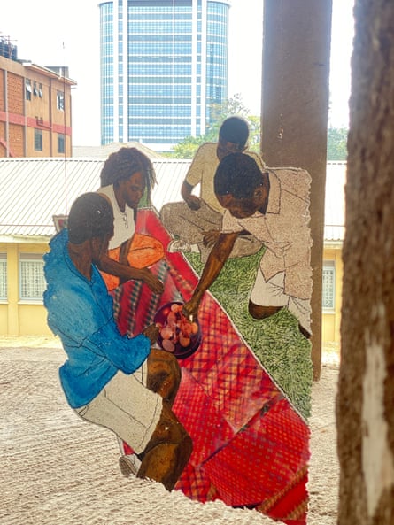 A painting of four people eating from a communal bowl