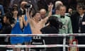 Naoya Inoue of Japan celebrates after defeating Luis Nery of Mexico in the sixth round.