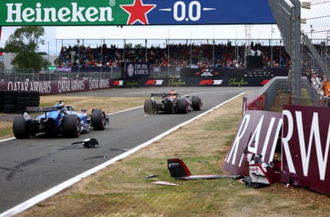 Max Verstappen leads Carlos Sainz past some debris left after Oliver Bearman crashed