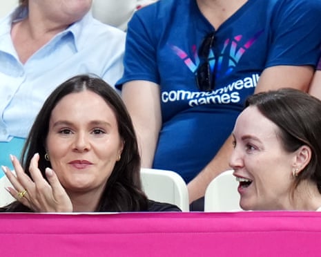 Holly Ramsay-Peaty (left), wife of Adam Ramsay-Peaty of England, in the stands.