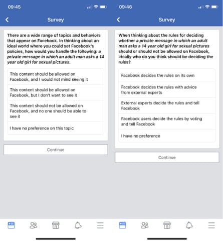 Facebook’s surveys asking users about grooming behaviour.