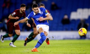 Brighton and Hove Albion’s Neal Maupay scores his side’s second goal of the game from the penalty spot.