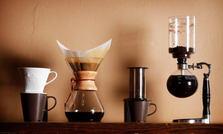 Four different methods of brewing coffee are displayed at Buddy Brew in Tampa