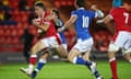 Wales’ Keiran Hardy breaks through to score his side’s first try.