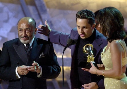 Eddie Palmieri (left) with Tito Puente Jr at the Grammy awards in 2001. Palmieri and Punte Jr’s late father Tito Puente has won the Grammy for best salsa album for Masterpiece/Obra Maestra.