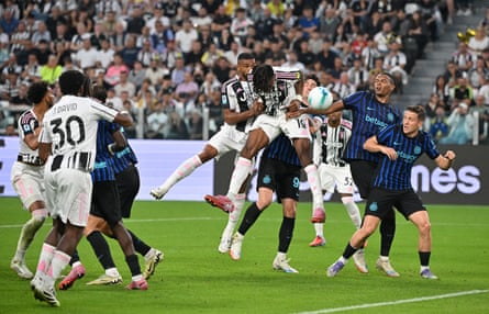 Khéphren Thuram heads a goal for Juventus against Inter.