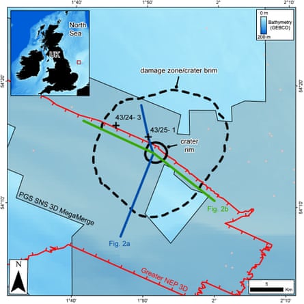 Map showing the location of the Silverpit crater in the North Sea, showing the extent of the crater rim and the damage zone
