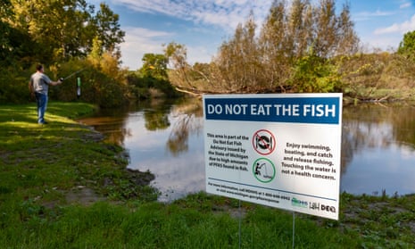 A sign at Island Lake State Recreation Area warns anglers not to eat fish from the Huron River due to high levels of PFAS chemicals.