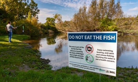 A sign at at a recreation area in Michigan warns anglers not to eat fish from the Huron River, due to high levels of PFAS.