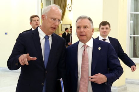 Russian envoy Kirill Dmitriev talks to US presidential envoy Steve Witkoff in Saint Petersburg, Russia, in April 2025.