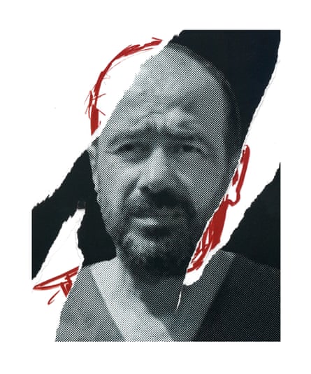 Photo of a bearded middle-aged Arab man that is partly a sketch