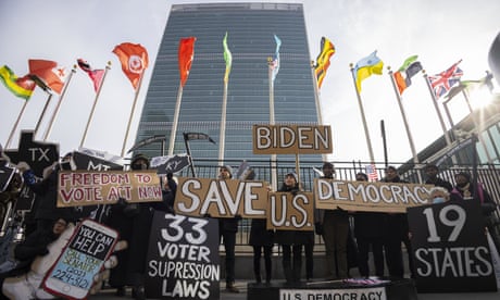 Voting rights activists rallied outside the United Nations during Biden’s global democracy summit in early December.