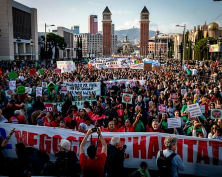 Thousands take to the streets of central Barcelona to demand lower housing costs and an end to evictions in April.