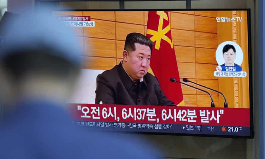 A TV screen at a station in Seoul shows a report about North Korea’s missile launch.