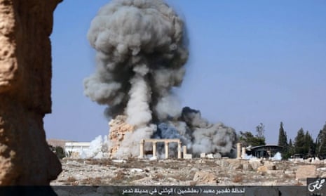 An explosion at the 2,000-year-old Temple of Baalshamin in Palmyra, as posted on a website linked to Isis.