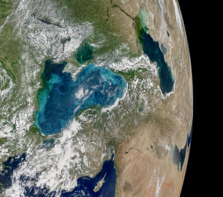Phytoplankton bloom in the Black Sea. The image is a mosaic, composed from multiple satellite passes over the region