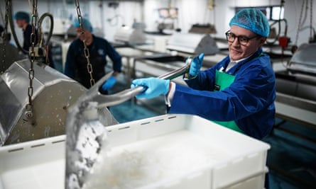 Tom Tugendhat wearing overalls and a hairnet as he shovels salt in a factory.
