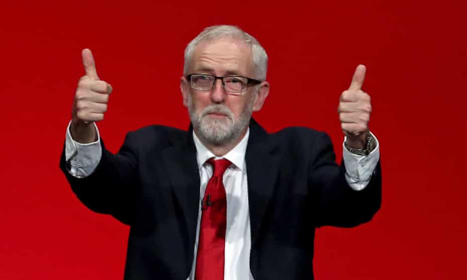 Jeremy Corbyn with his thumbs up.