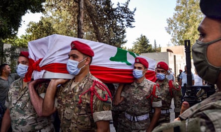 The funeral of a Lebanese soldier killed by ‘terrorists’ in Lebanon’s northern city of Tripoli on 27 September.