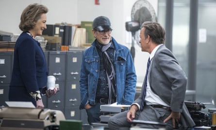 Spielberg (centre) with Meryl Streep and Tom Hanks on the set of The Post