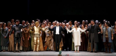 Riccardo Chailly, centre, and cast take a bow at the end of Giovanna d’Arco.