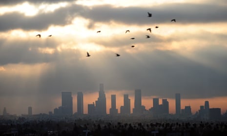 The smoggy, downtown Los Angeles skyline on 14 December 2011. 
