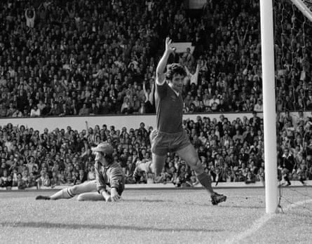 Kevin Keegan of Liverpool (right) celebrates after scoring past the Coventry City goalkeeper Jim Blyth in a Division One match at Anfield in September 1976.