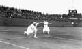 US tennis doubles partners Helen Wills, left, and Hazel Hotchkiss Wightman in action during the 1924 Olympics. 