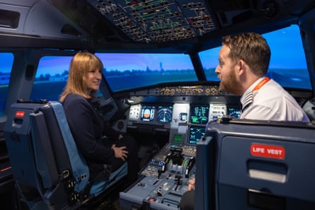 Rachel Reeves sits in a cockpit at Gatwick, having a conversation with an easyJet pilot