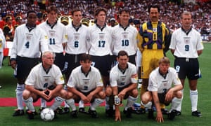 The England team before the first game against Switzerland. Back row (from left): Paul Ince, Darren Anderton, Gareth Southgate, Steve McManaman, Teddy Sheringham, David Seaman, Alan Shearer. Front row: Paul Gascoigne, Gary Neville, Tony Adams, Stuart Pearce.