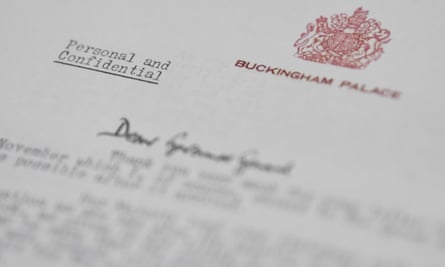 A Buckingham Palace letter head is seen on a letter marked ‘Personal and Confidential’ during the Kerr Palace Letters release event in Canberra, Australia, 14 July 2020