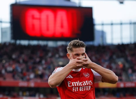 Viktor Gyokeres celebrates scoring from the penalty sport for Arsenal’s fifth goal, and his second.