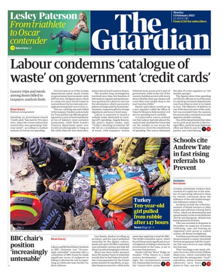 Guardian front page, Monday 13 February 2023