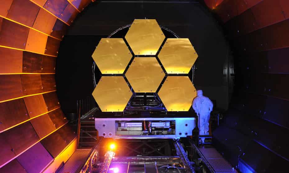 The mirrors of the James Webb space telescope, due to launch in October, undergo cryogenic testing.