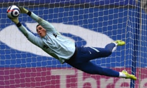 The Chelsea goalkeeper Kepa Arrizabalaga during the warmup on Saturday for the game with West Brom, which Chelsea lost 5-2.