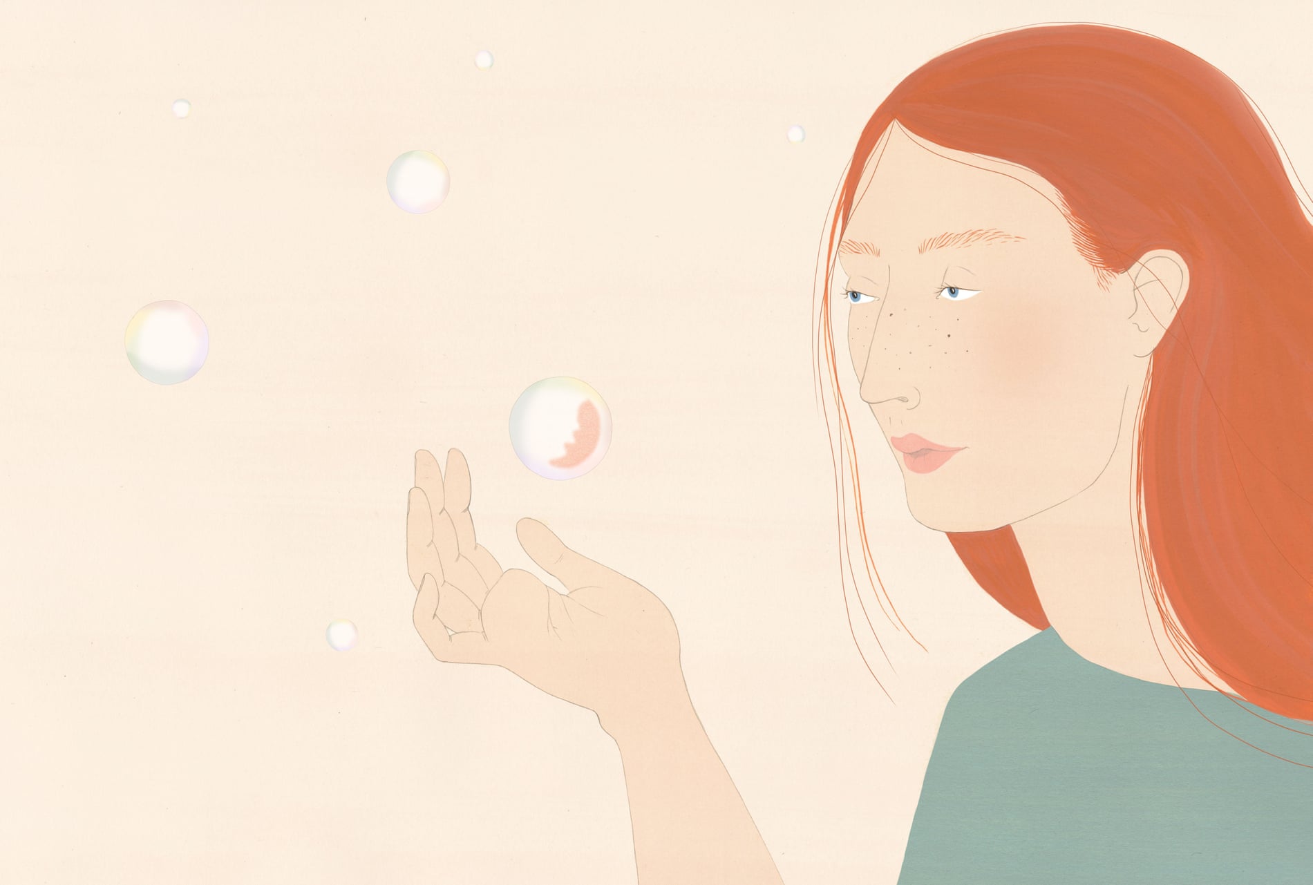 illustration: woman looking at bubble with foetus inside