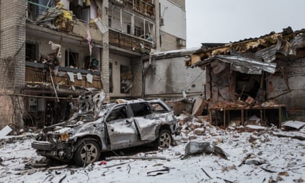 The remains of buildings and vehicles in Kharkiv as Russian attacks continue.